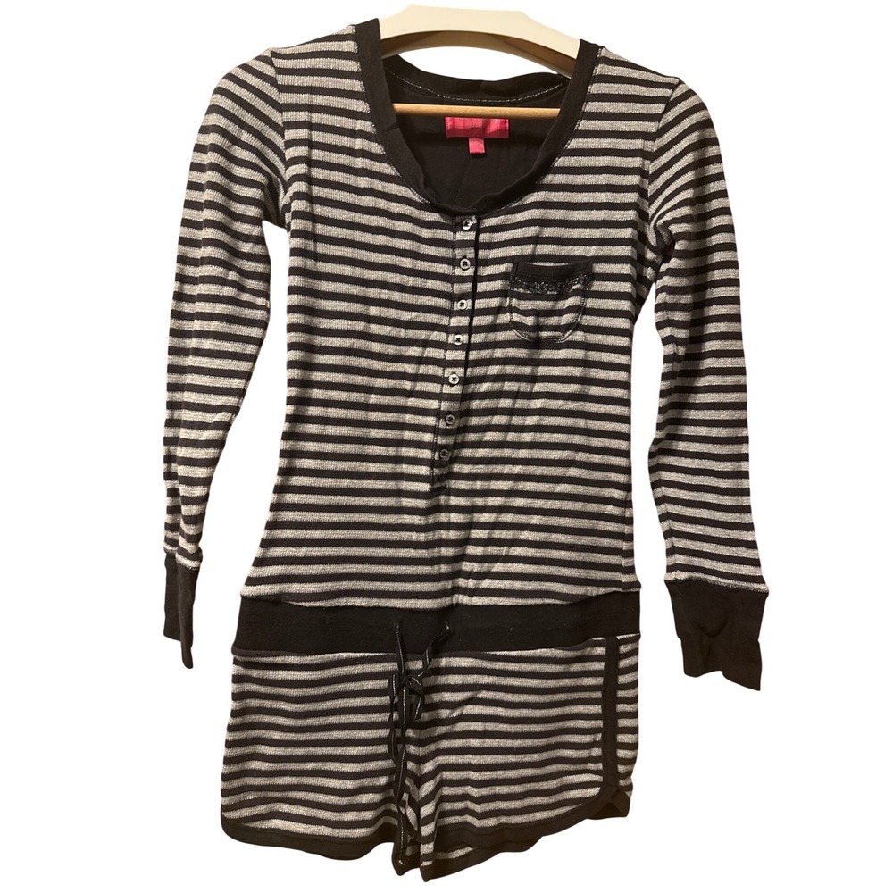 Vintage Victoria Secret Striped Thermal Romper Black Grey Metallic Henley S/P